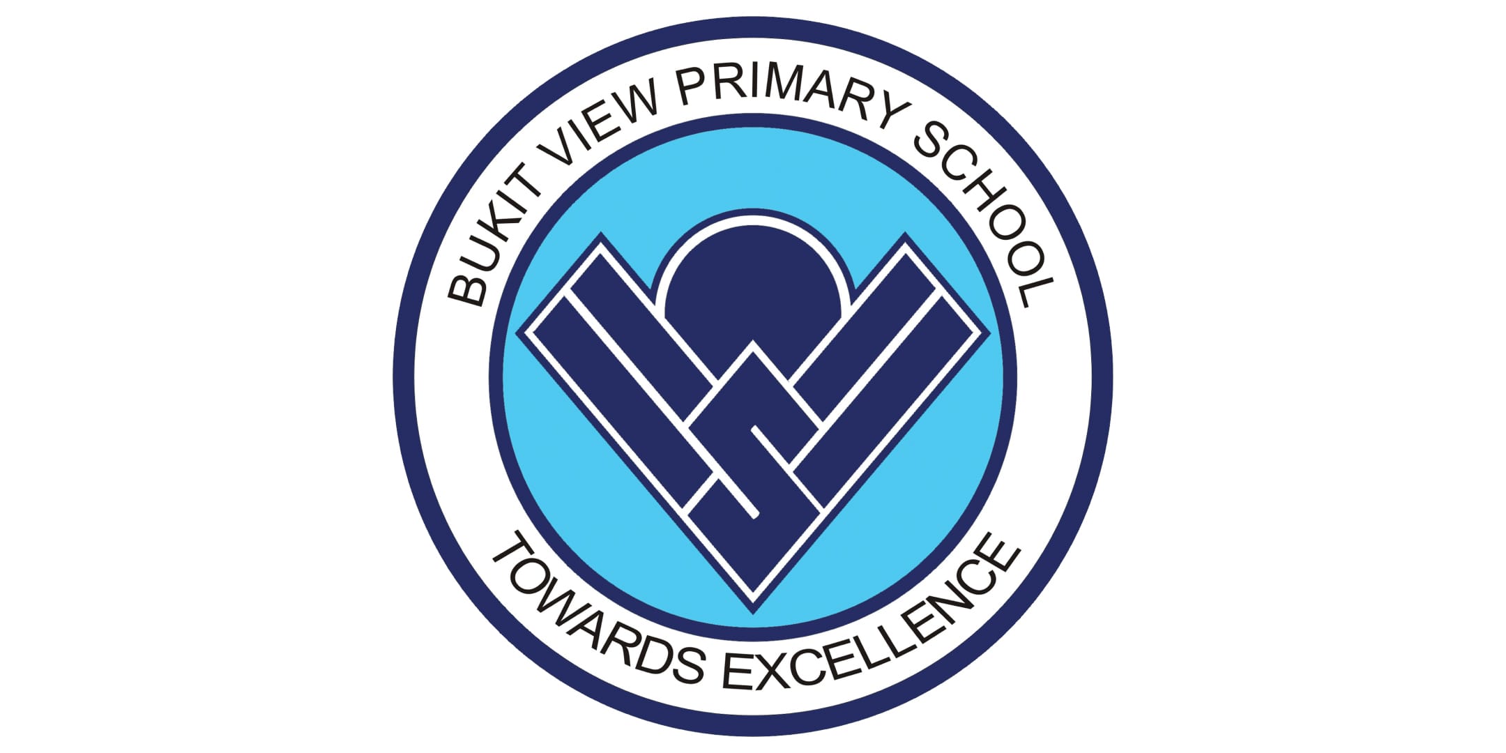 Round navy and light blue school crest reading Bukit View Primary School Towards Excellence with a geometric BV emblem.